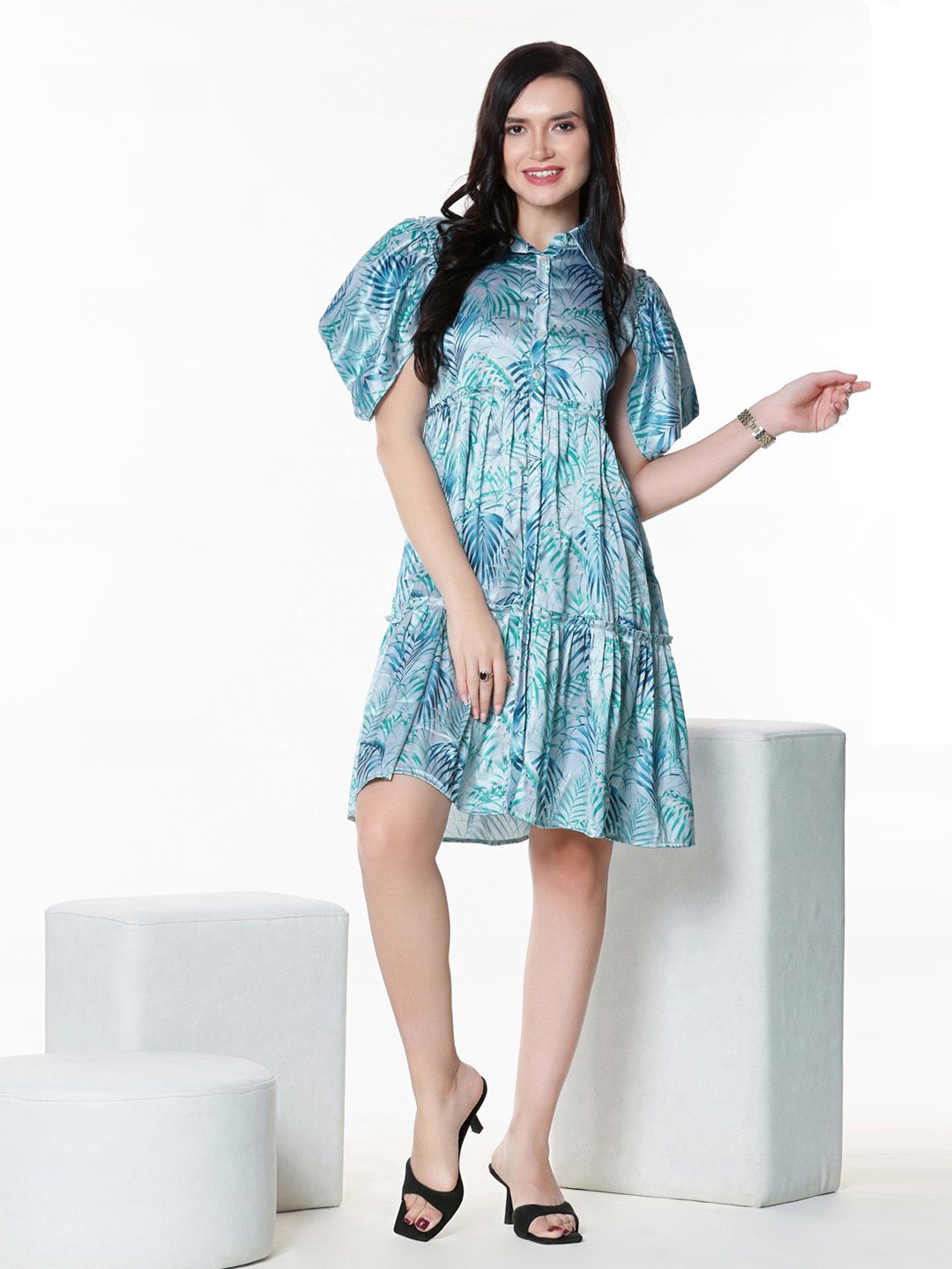 

aaRVee STUDIO Floral Print Puff Sleeve Ruffled Crepe A-Line Midi Dress, Blue