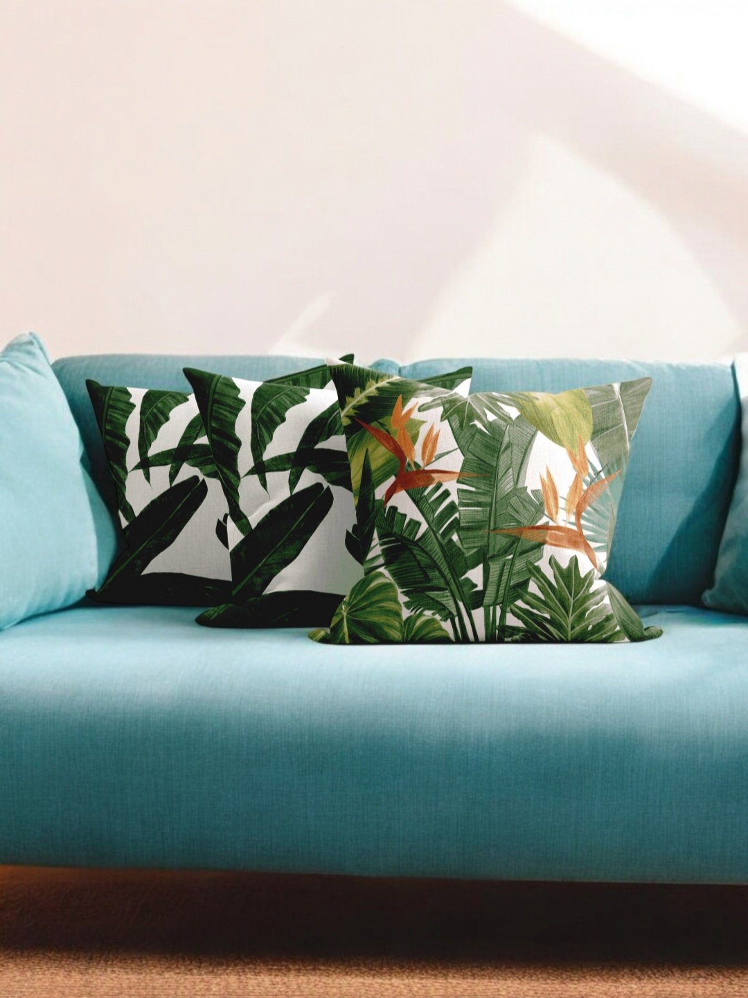 

LUSHLYF White & Green 3 Pieces Floral Velvet Square Cushion Covers