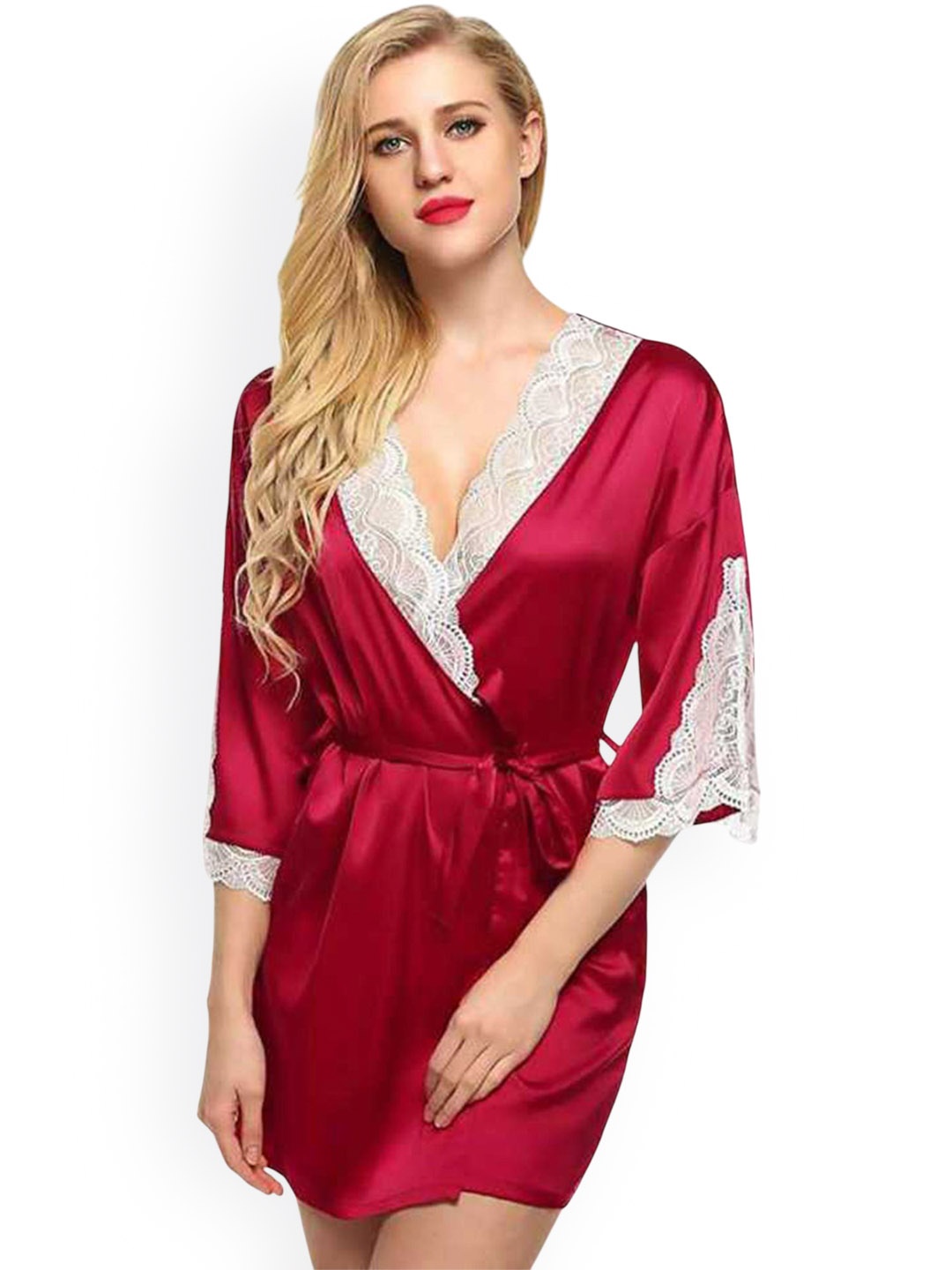

Fihana Women Laced Satin Robe, Maroon
