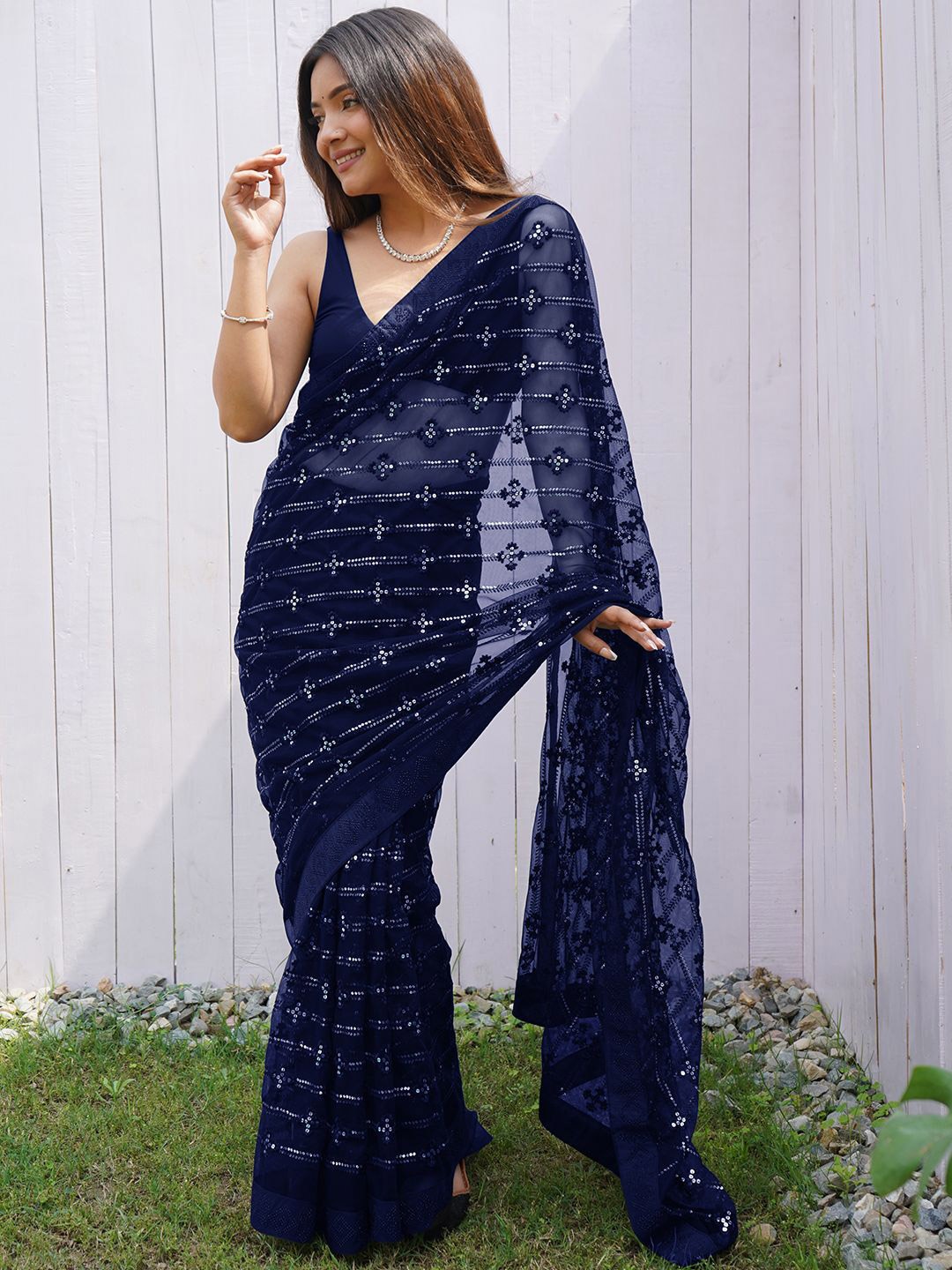 

Panzora Embellished Sequinned Net Saree, Navy blue