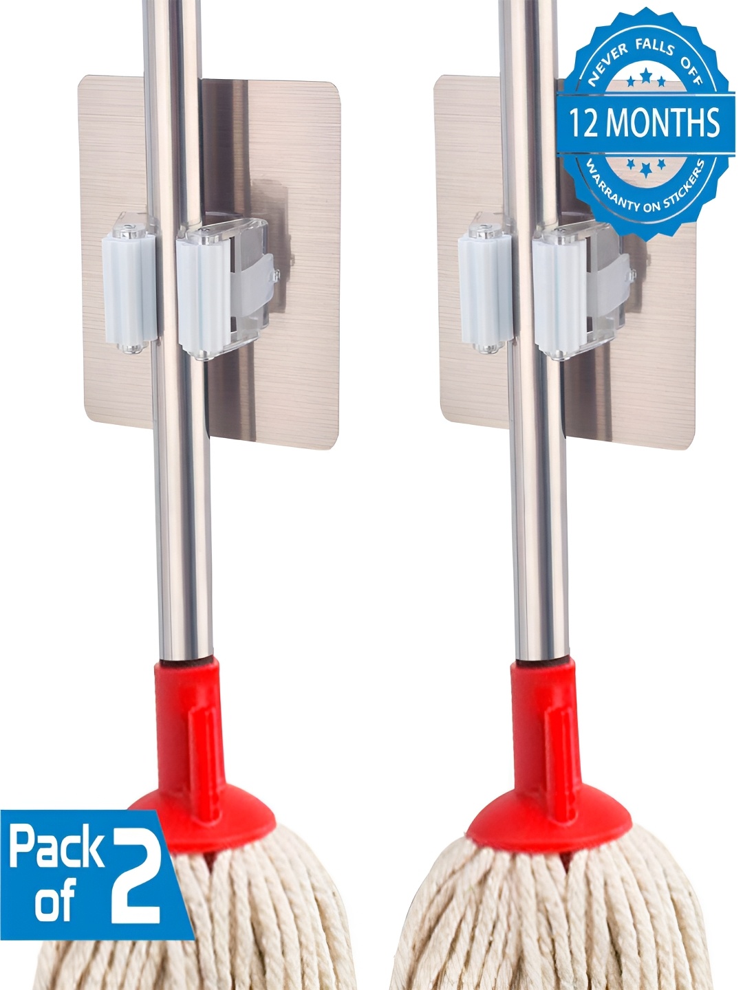 

HOKIPO 2-Pcs Magic Sticker Series Self Adhesive Mop & Broom Holder, White