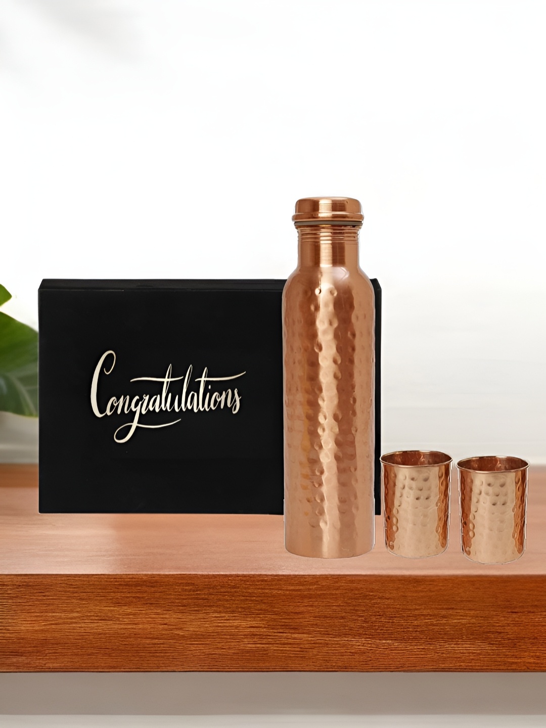 

INTERNATIONAL GIFT 3 Pieces Pure Copper Water Bottle With Glass Set Velvet Box & Bag 950ml