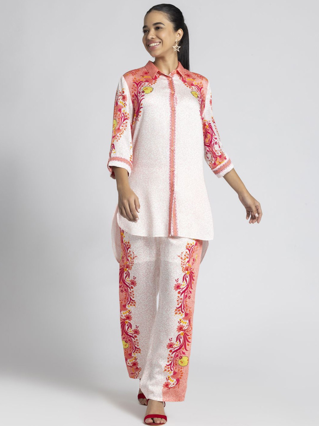 

SHAYE White Floral Print Casual Modal Satin Shirt With Trousers Co-Ords