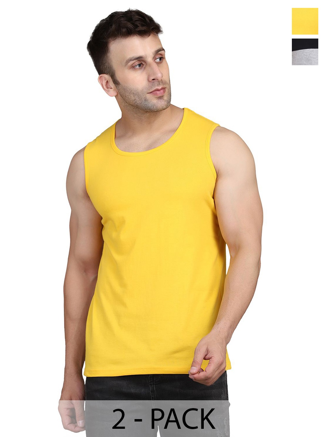 

WOOSTRO Men Pack Of 2 Round Neck Gym Innerwear Vests, Yellow