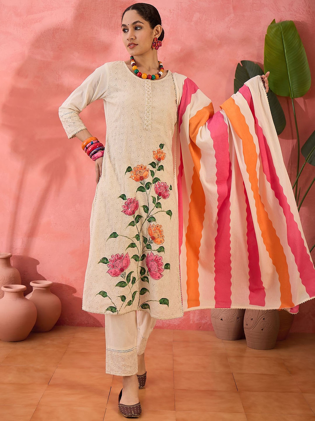 

Sangria Ethnic Motifs Self Design Pure Cotton Kurta With Trouser & Dupatta, Off white