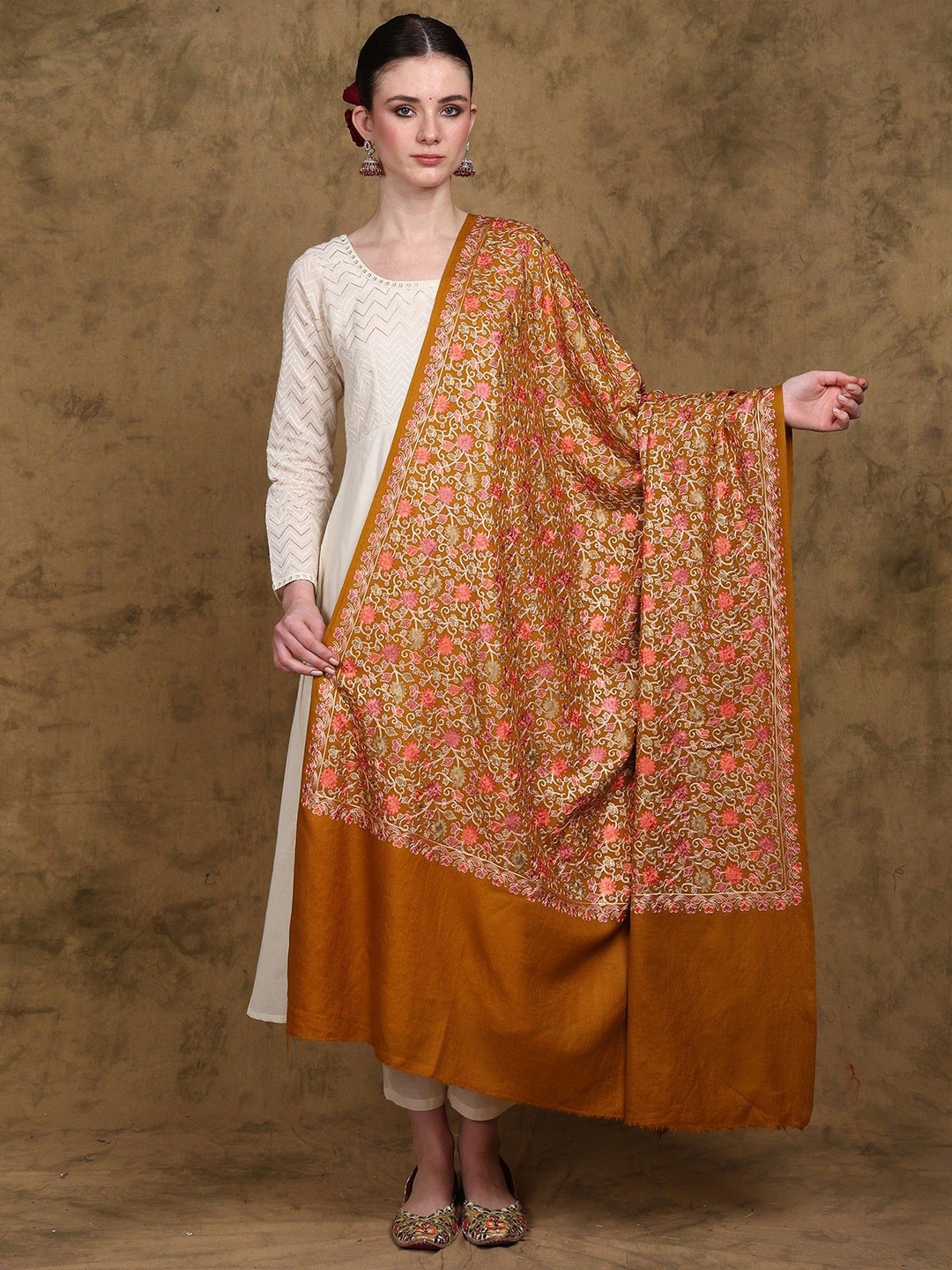 

Exotic India Pure Wool Shawl with Chain Stitch Embroidered Floral Jaal, Gold