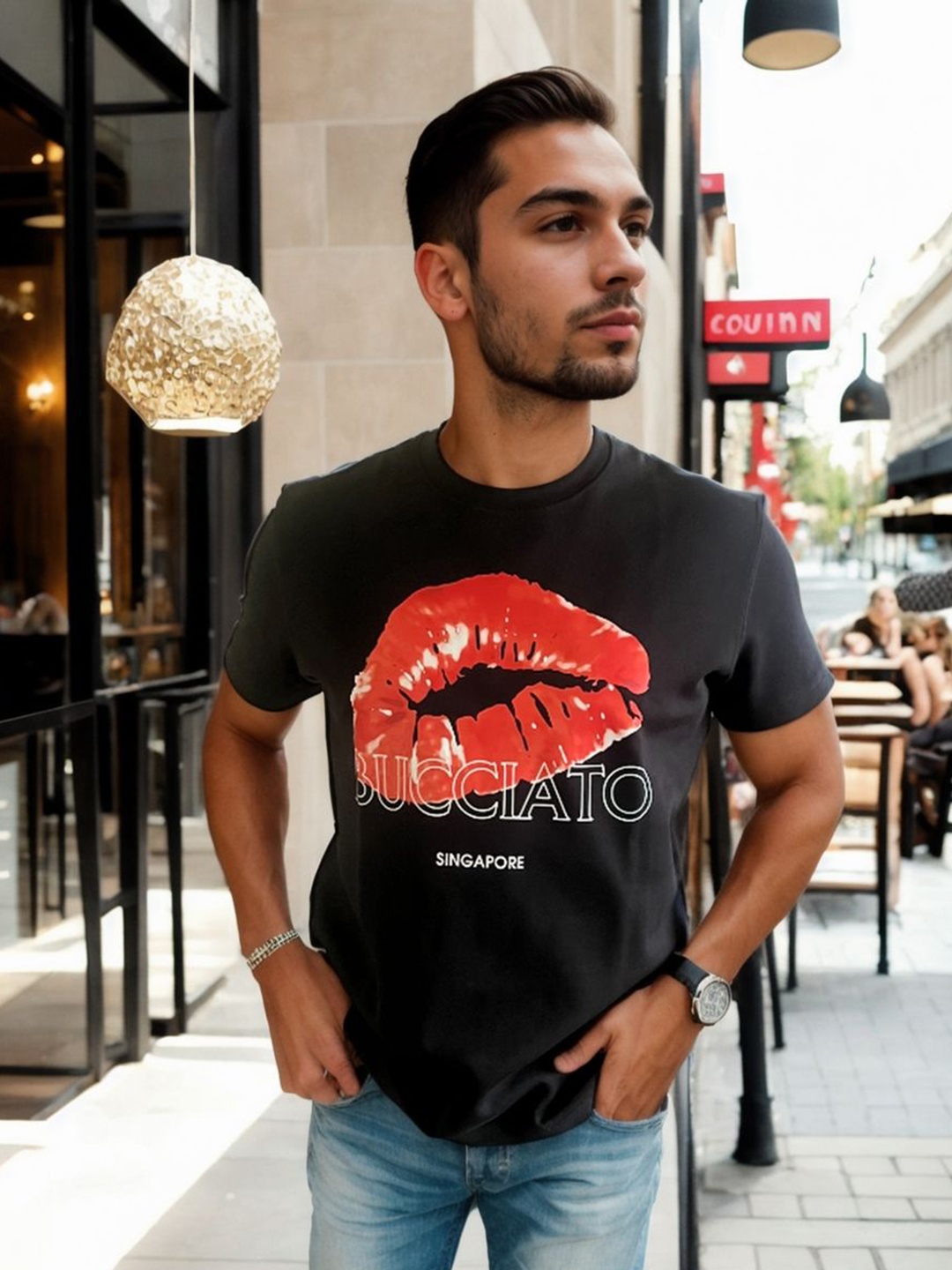 

Bucciato Private Limited Men Printed Polo Collar Applique T-shirt, Black