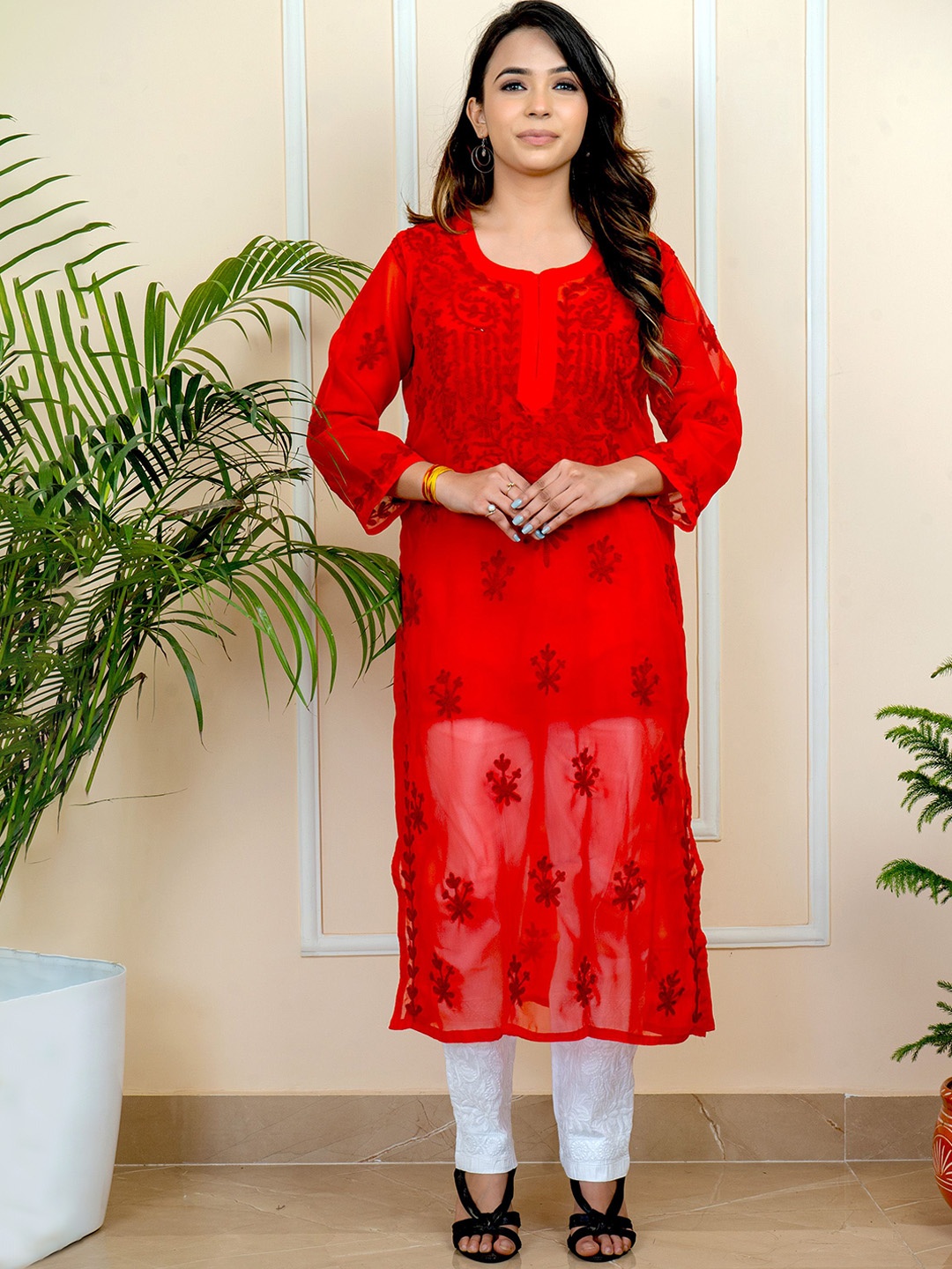 

ADR CHIKAN Floral Embroidered Thread Work Georgette Kurta With Trousers, Red