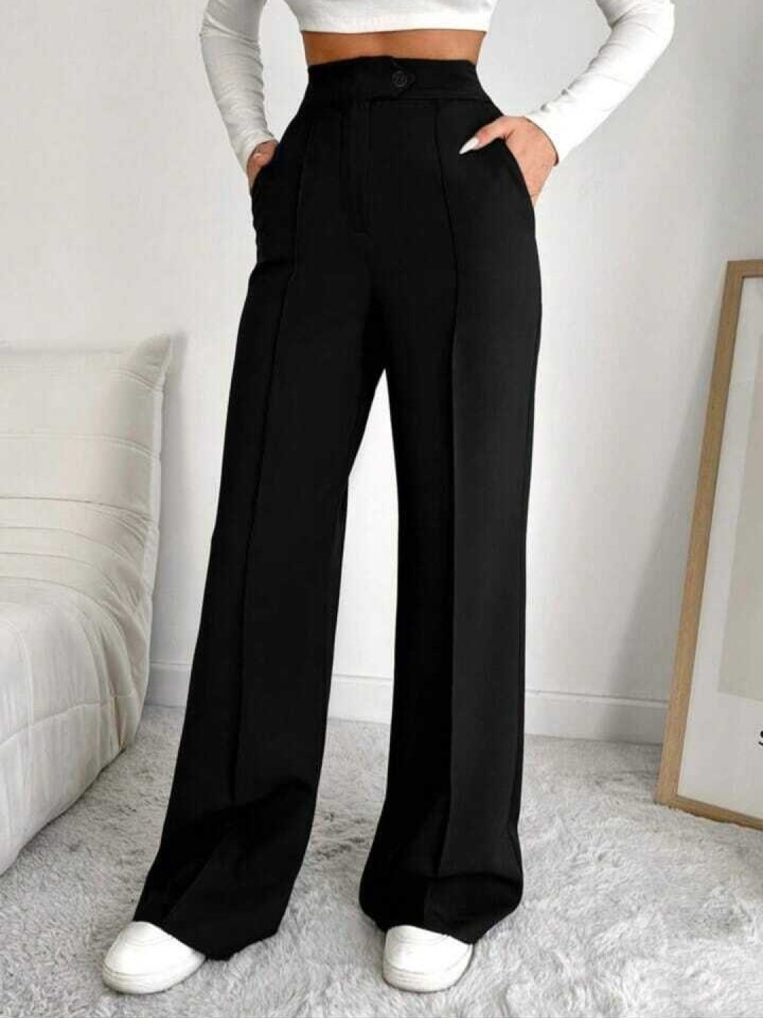 

Next One Women Smart Loose Fit High-Rise Easy Wash Pleated Trousers, Black