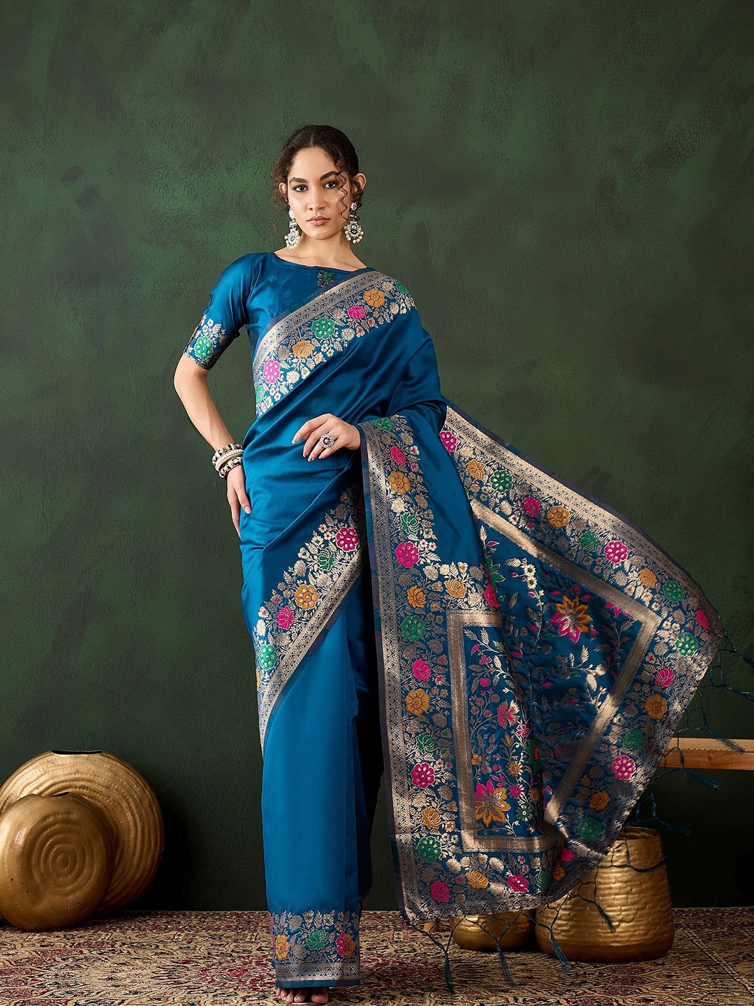 

HERE&NOW Woven Design Zari Banarasi Saree, Teal