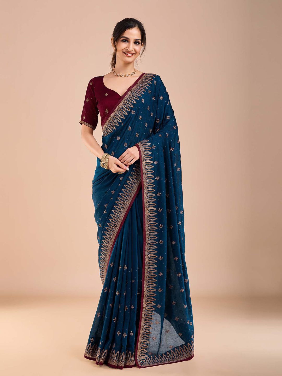 

Anouk Floral Beads and Stones Silk Blend Saree, Blue