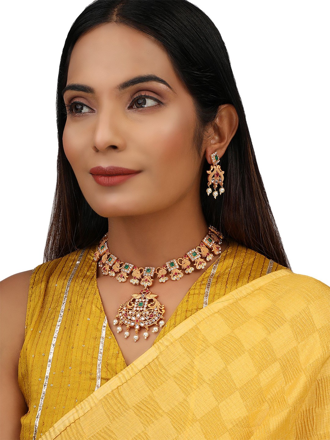 

EVY Gold-Plated Artificial Stones Studded and Beaded Choker Necklace With Earrings