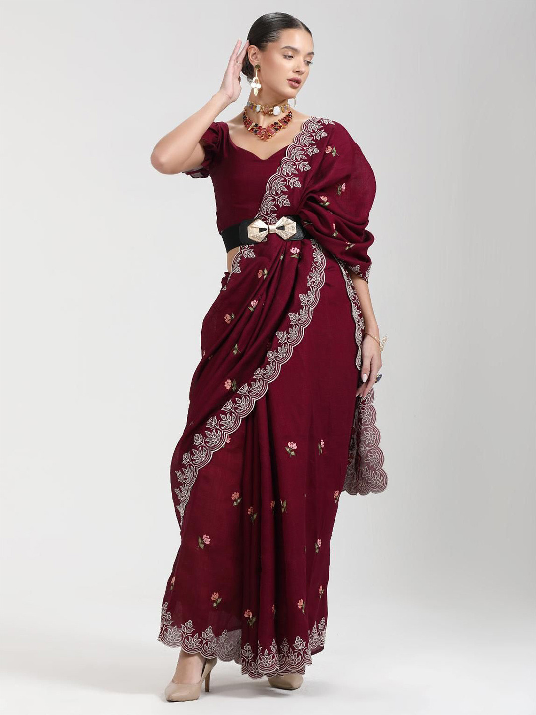 

PEENGAX Floral Pure Silk Chanderi Saree, Maroon