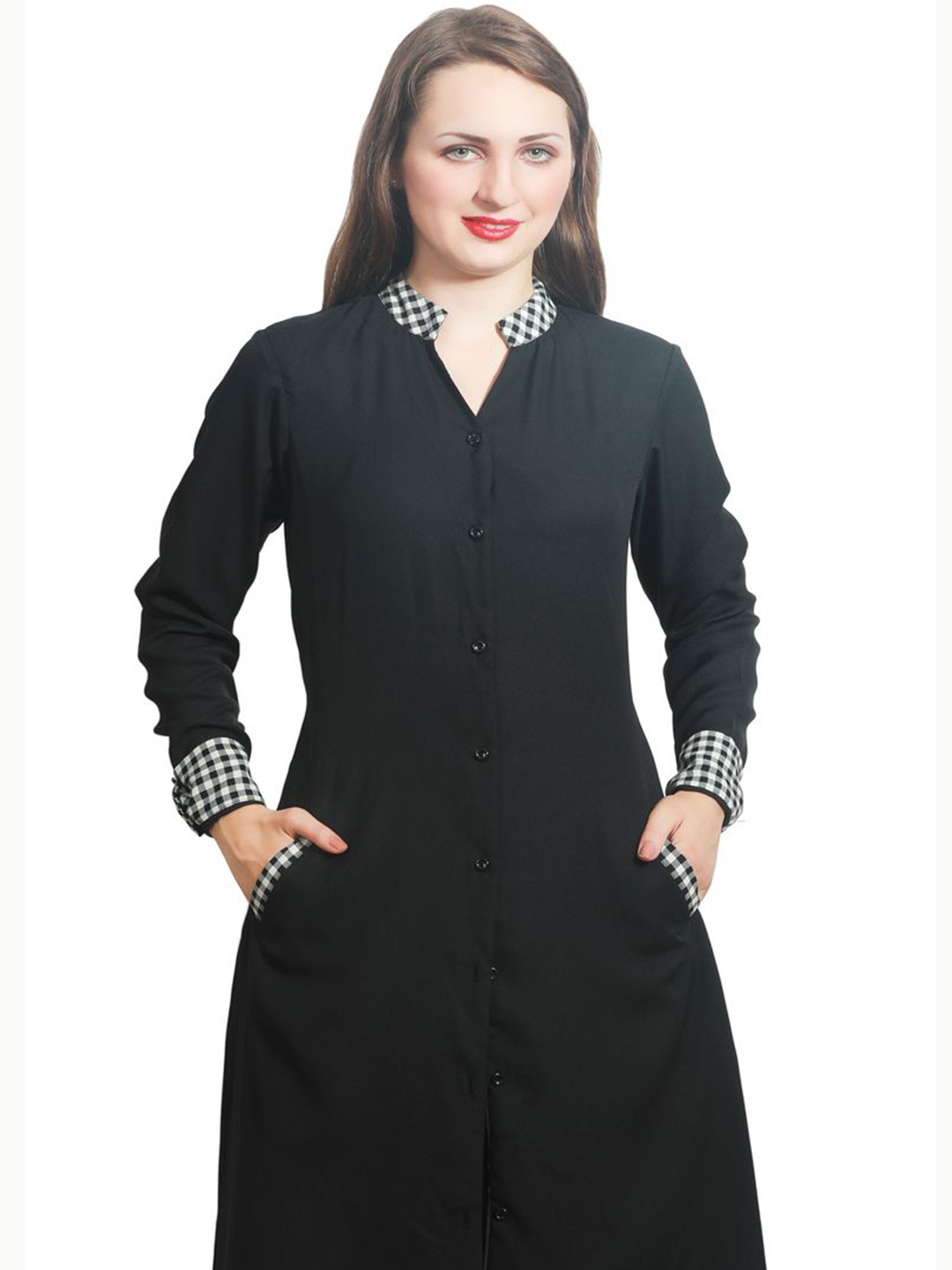 

DELIS Georgette A-Line Midi Full Sleeves Button Closure Dress, Black