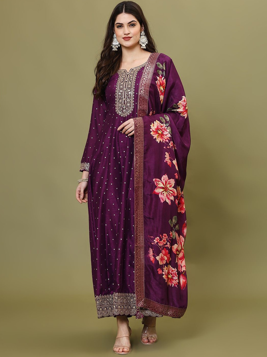 

Meena Bazaar Floral Embroidered A-Line Kurta With Dupatta, Purple