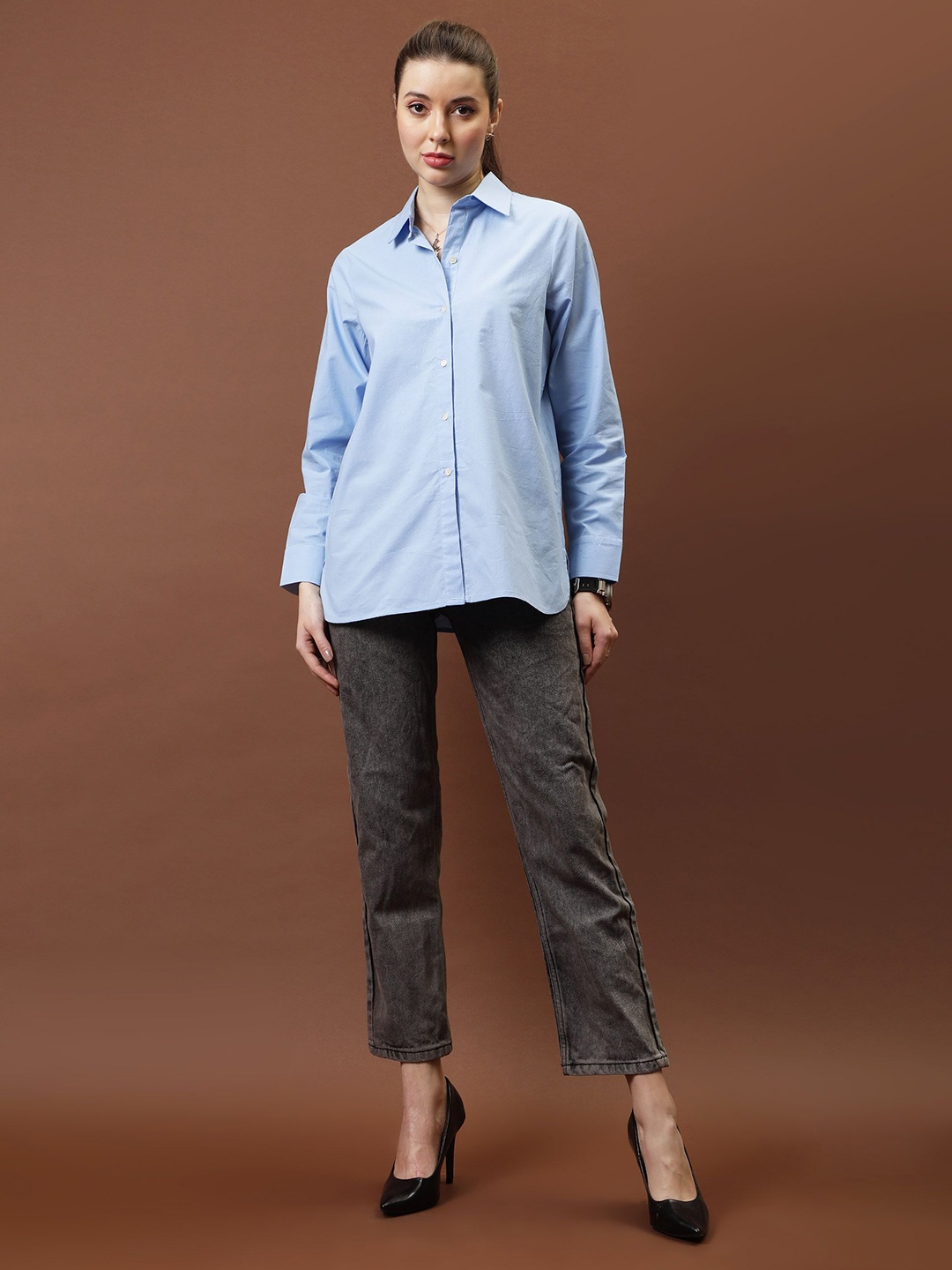 

Athena Immutable Women Relaxed Fit Spread Collar Solid Cotton Formal Shirt, Blue