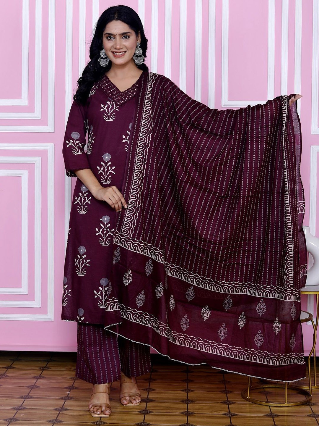 

KALINI Floral Printed V-Neck Straight Pure Cotton Kurta With Trouser And Dupatta, Maroon