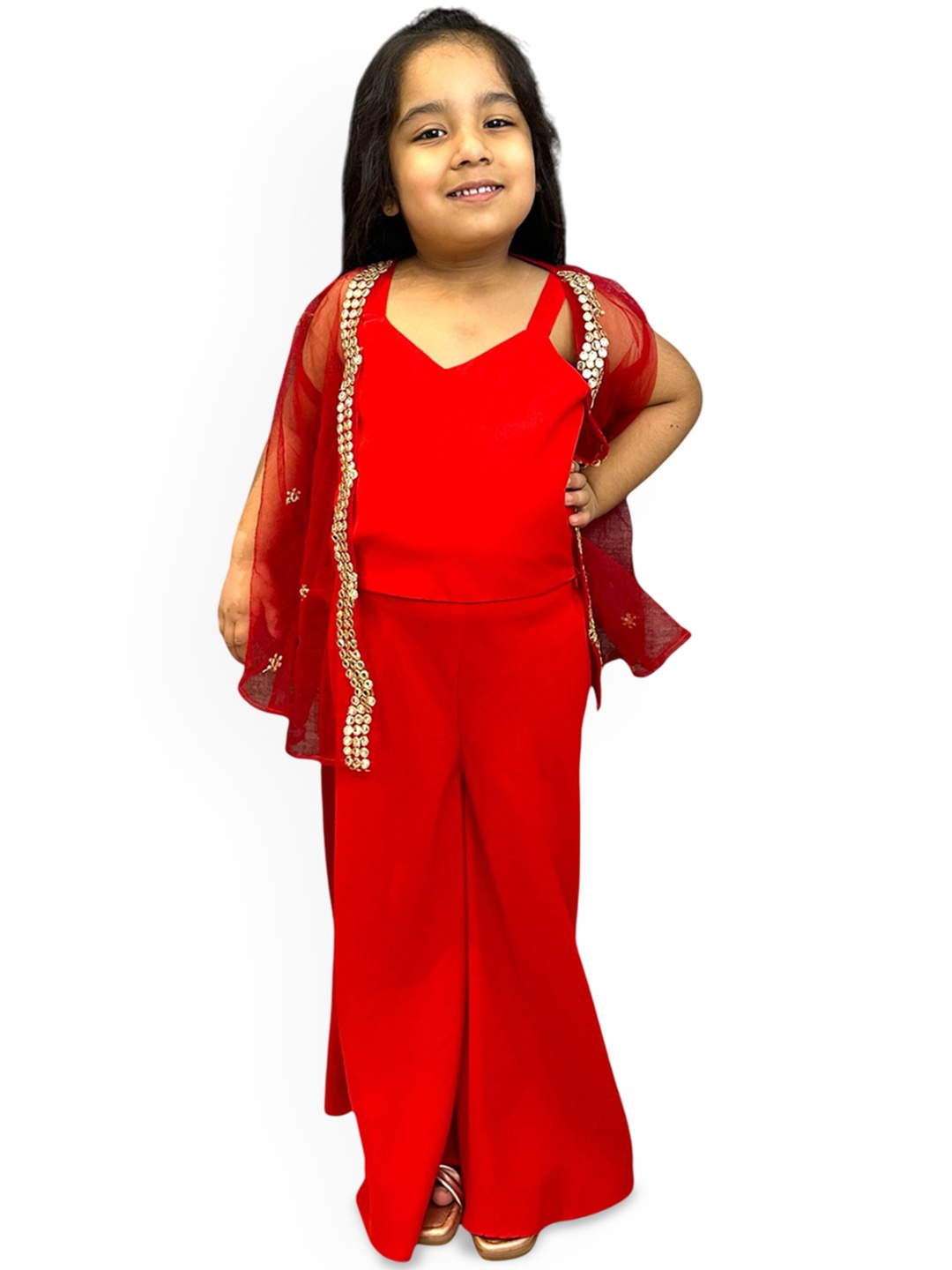 

Samsara Couture Girls V-Neck Top With Palazzo And Shrug, Red