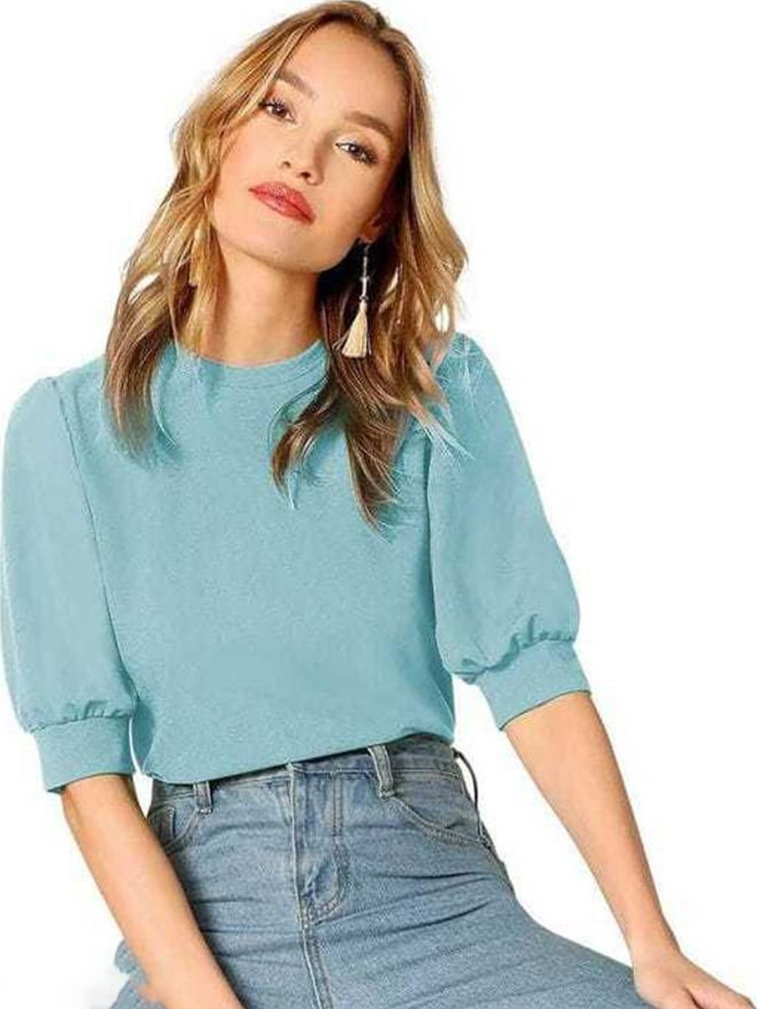 

KASHIAN Women Solid Puff Sleeves Top, Blue