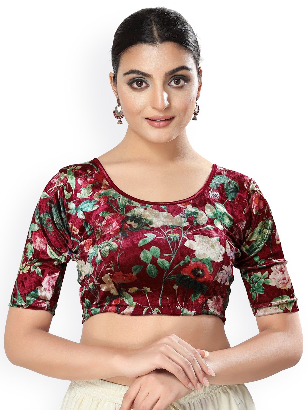 

Mmore Printed Stretchable Saree Blouse, Maroon