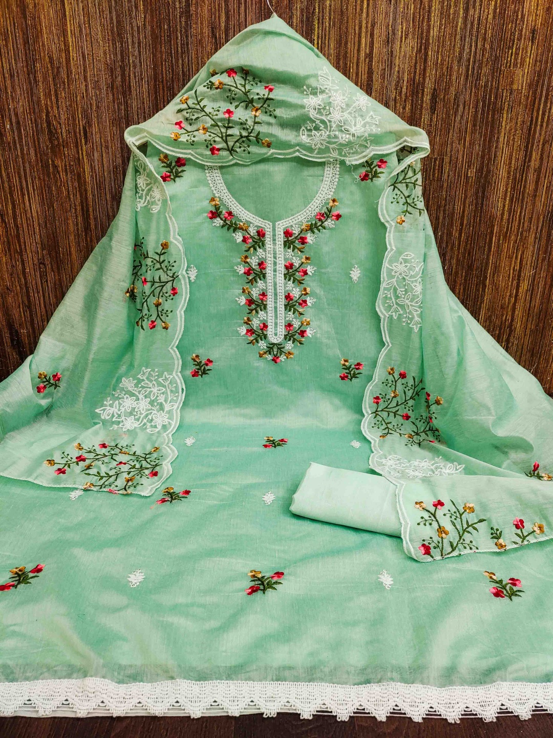 

KIMISHA Floral Embroidered Unstitched Dress Material, Green