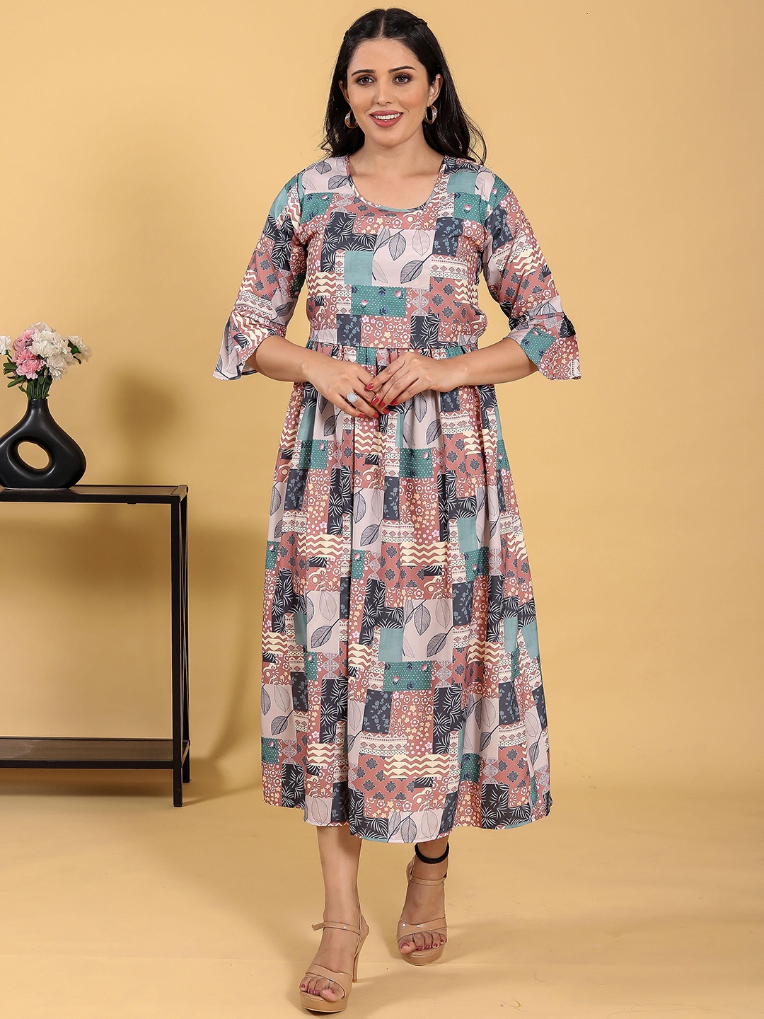 

RITIJYA Floral Printed Round Neck Maternity Fit And Flare Ethnic Dresses, Green