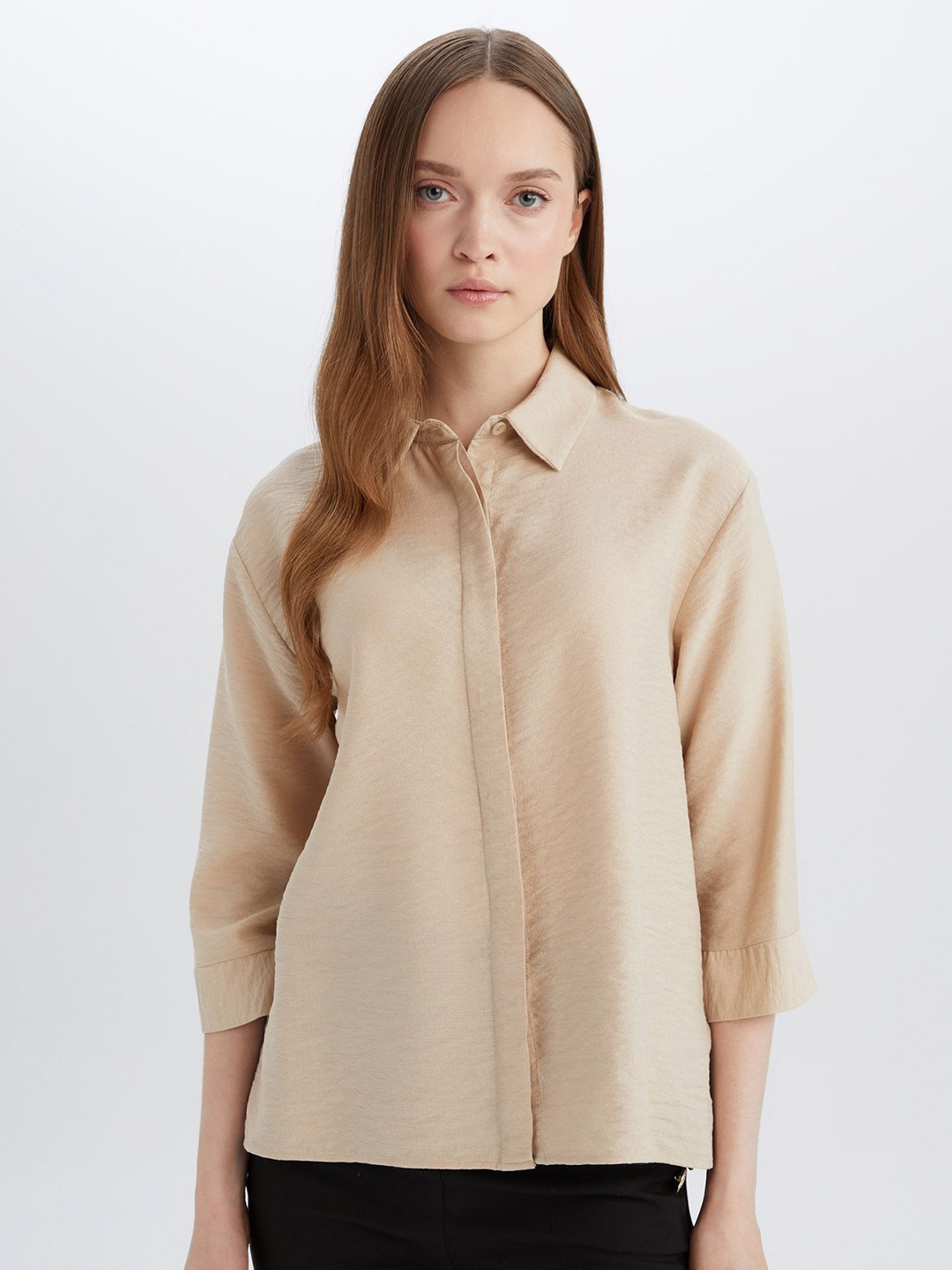 

DeFacto Women Spread Collar Solid Casual Shirt, Beige