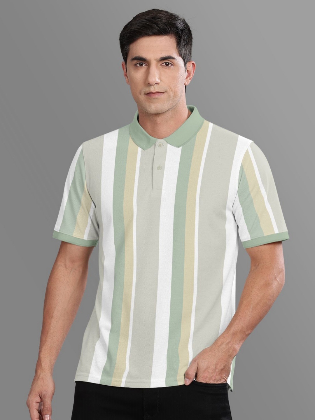 

BULLMER Men Striped Polo Collar Cotton T-shirt, Green