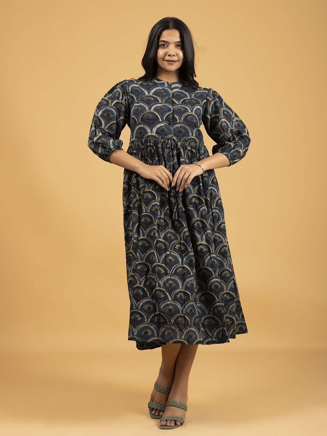 

SPARSA Women Ethnic Motifs Printed Puff Sleeves Cotton Fit & Flare Midi Dress, Navy blue