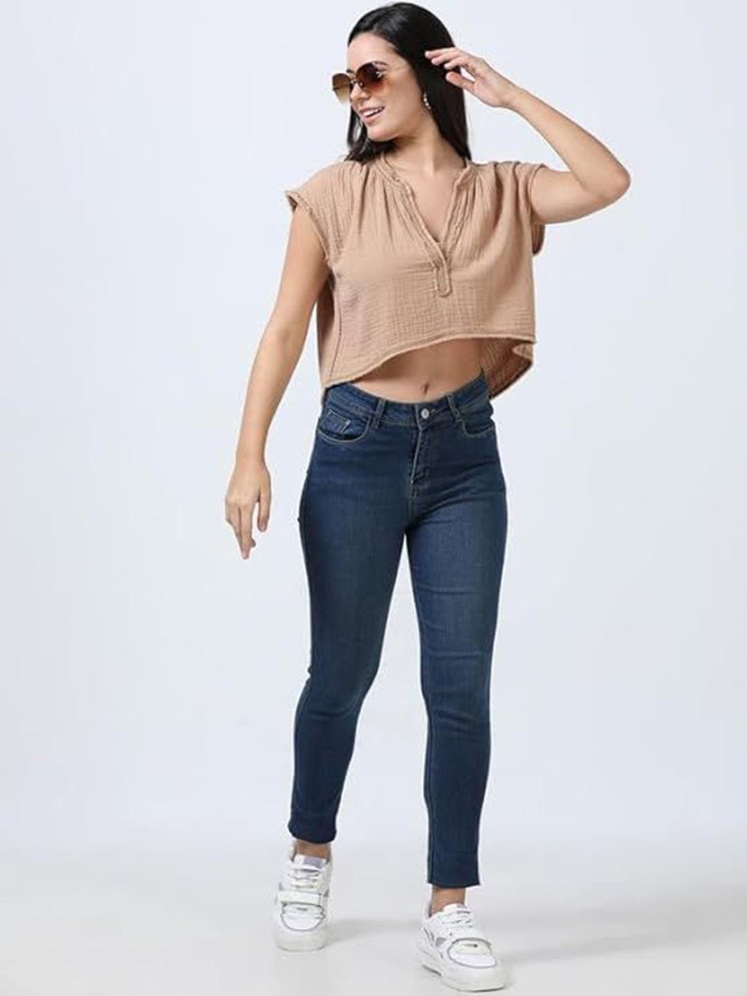 

GLAM & CHIQUE Women V-Neck Cotton Crop Top, Brown