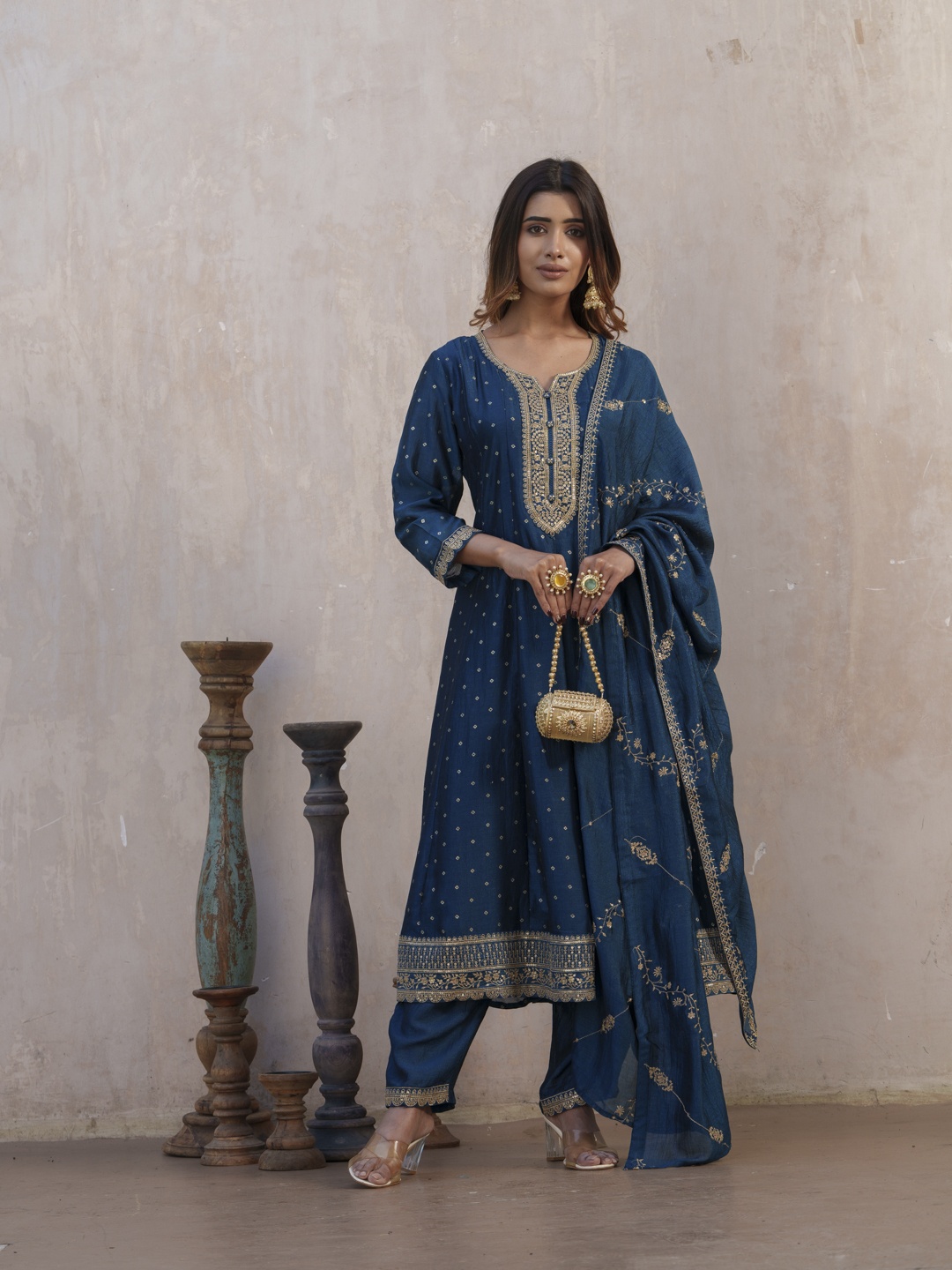 

House of Pataudi Bandhani Printed Panelled Anarkali Kurta With Trouser & Dupatta, Navy blue