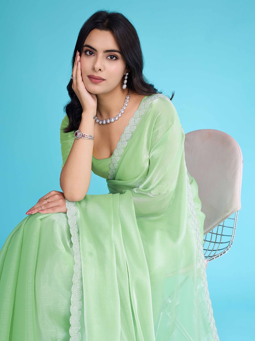

Blissta Embellished Beads and Stones Organza Designer Saree, Green