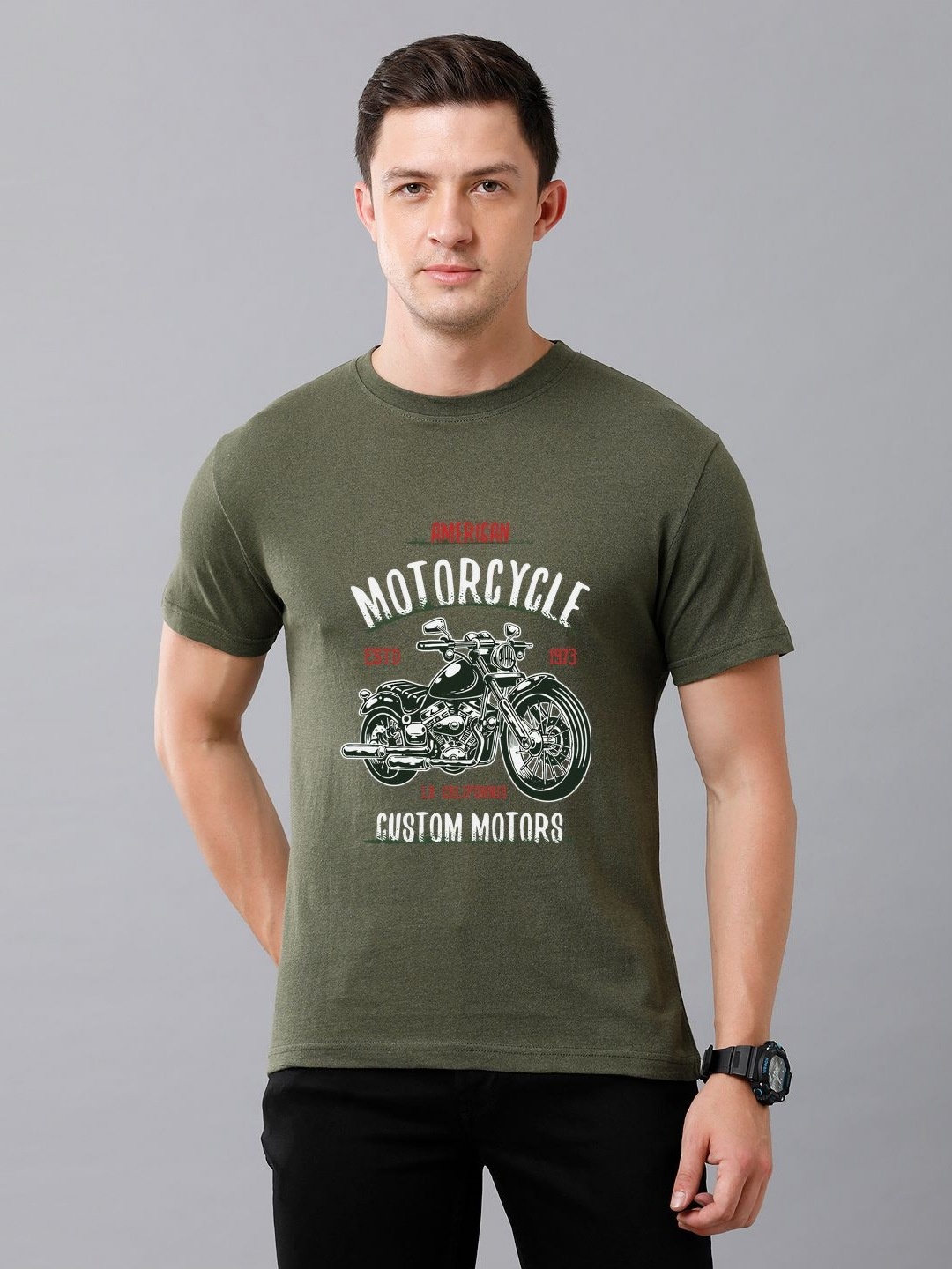 

Moda Rapido Men Graphic Printed Round Neck Cotton T-shirt, Olive