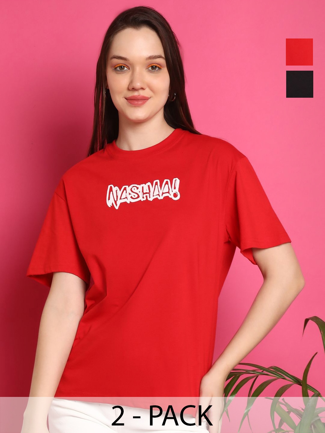 

Metronaut Women Pack Of 2 Graphic Printed Round Neck Cotton Oversized T-shirts, Red