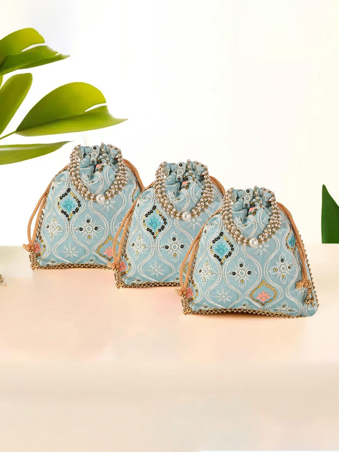 

Kuber Industries 3 Pieces Pearl Embroidered Potli Clutchs, Blue