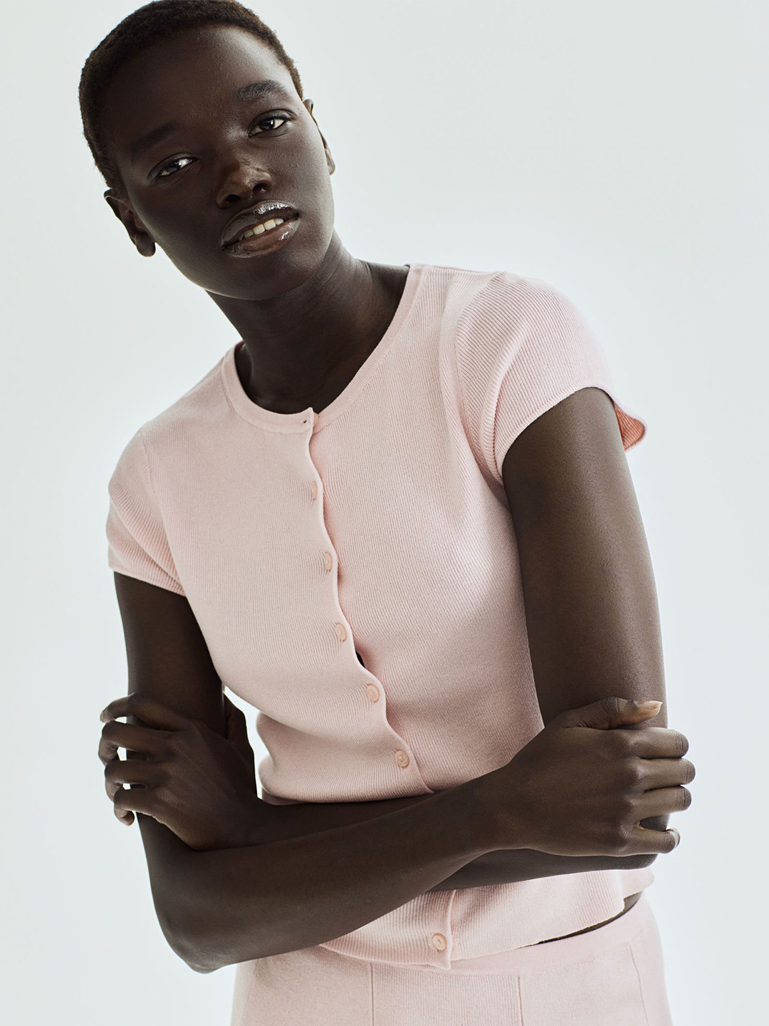 

H&M Women Short-Sleeved Fine-Knit Cardigan, Pink