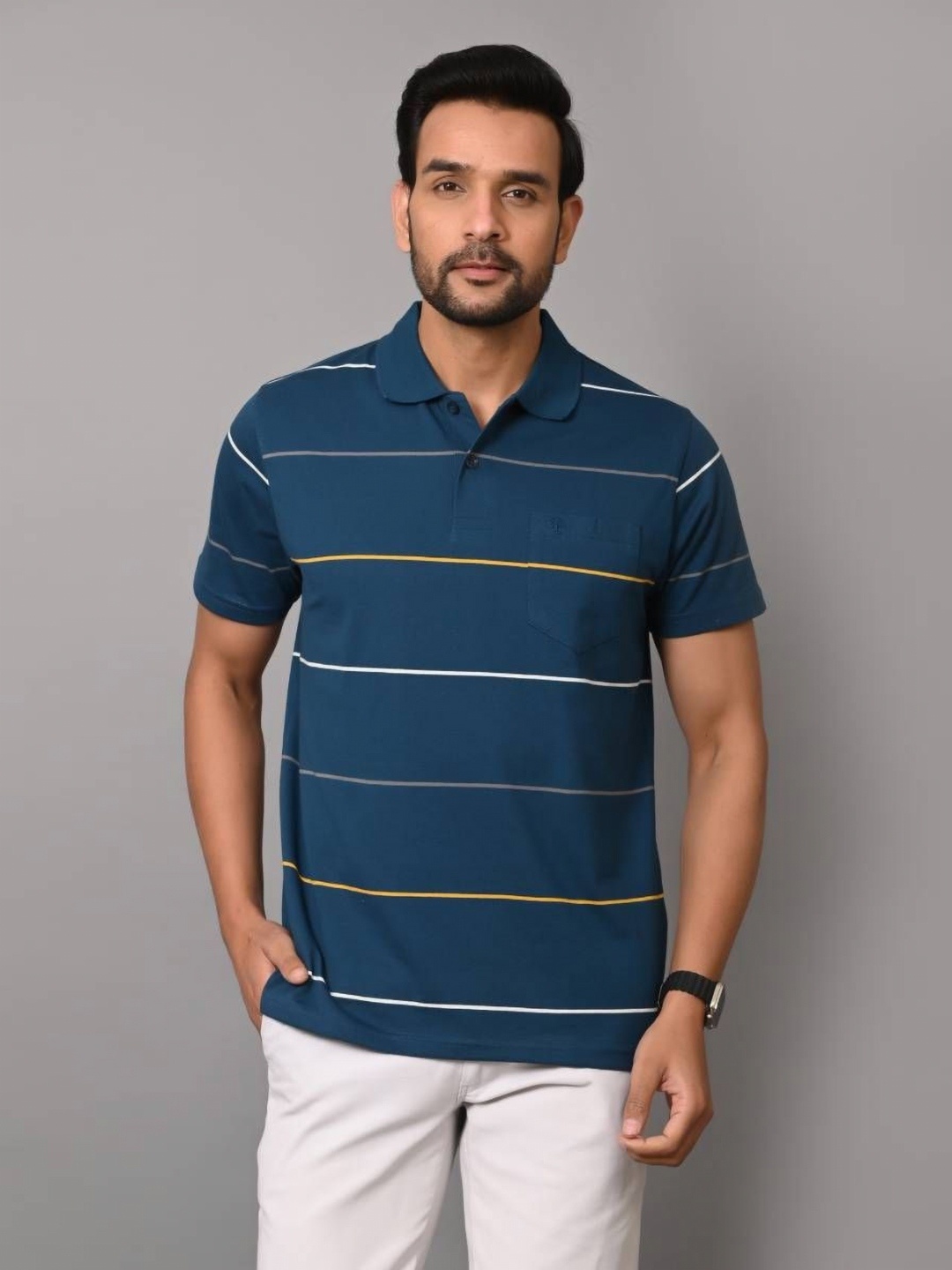 

ARBOUR Men Striped Polo Collar Cotton Slim Fit T-shirt, Teal