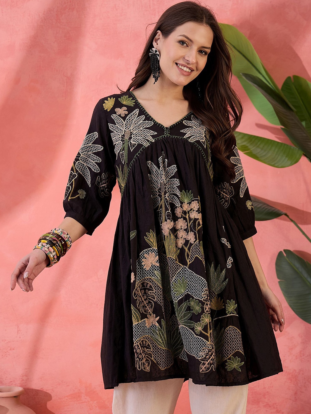 

Sangria Empire V-Neck Floral Embroidered Pure Cotton A-Line Kurta, Black