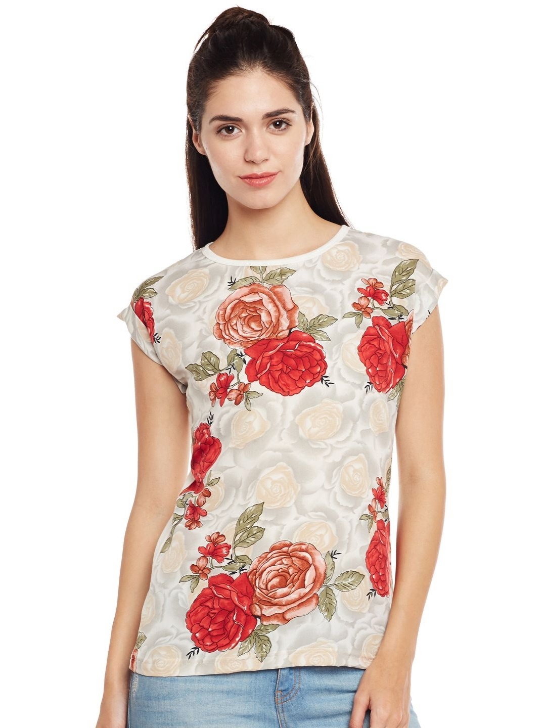 

Moda Rapido Women Floral Printed Round Neck Cotton Slim Fit T-shirt, Beige