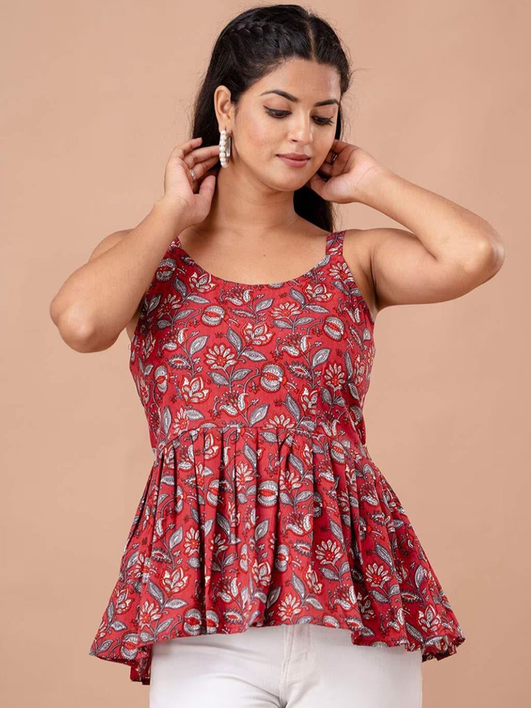 

Rangun Women Floral Printed Peplum Top, Red