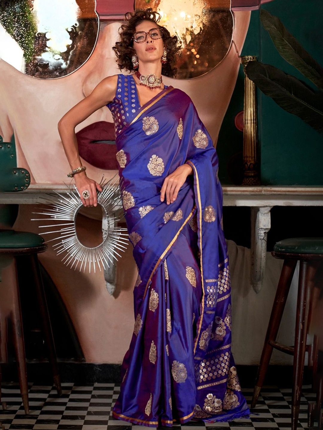 

BLENDIFY Woven Design Zari Satin Banarasi Saree, Blue