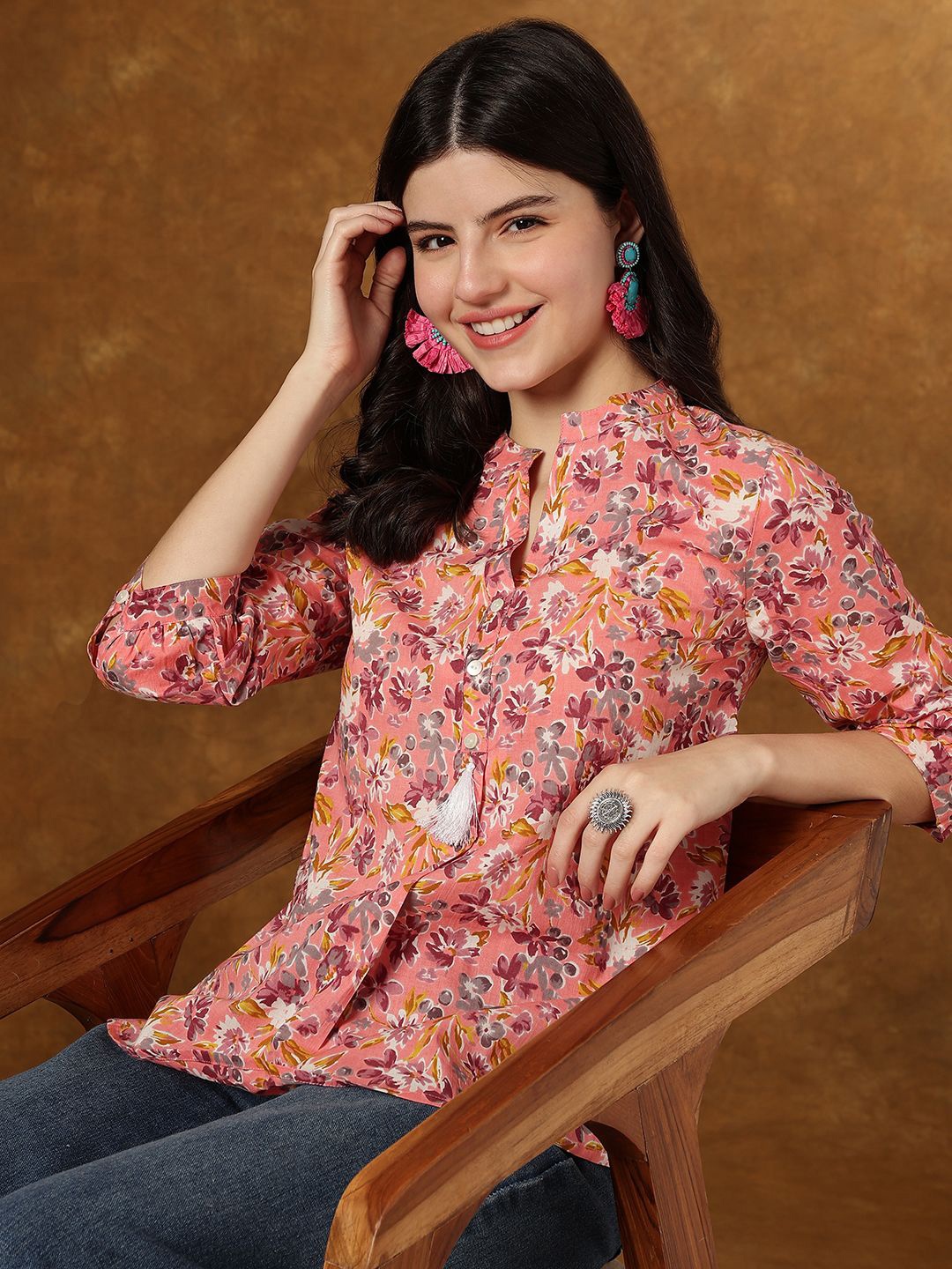 

KALINI Women Floral Printed Sleeve A-Line Cotton Crop Top, Peach
