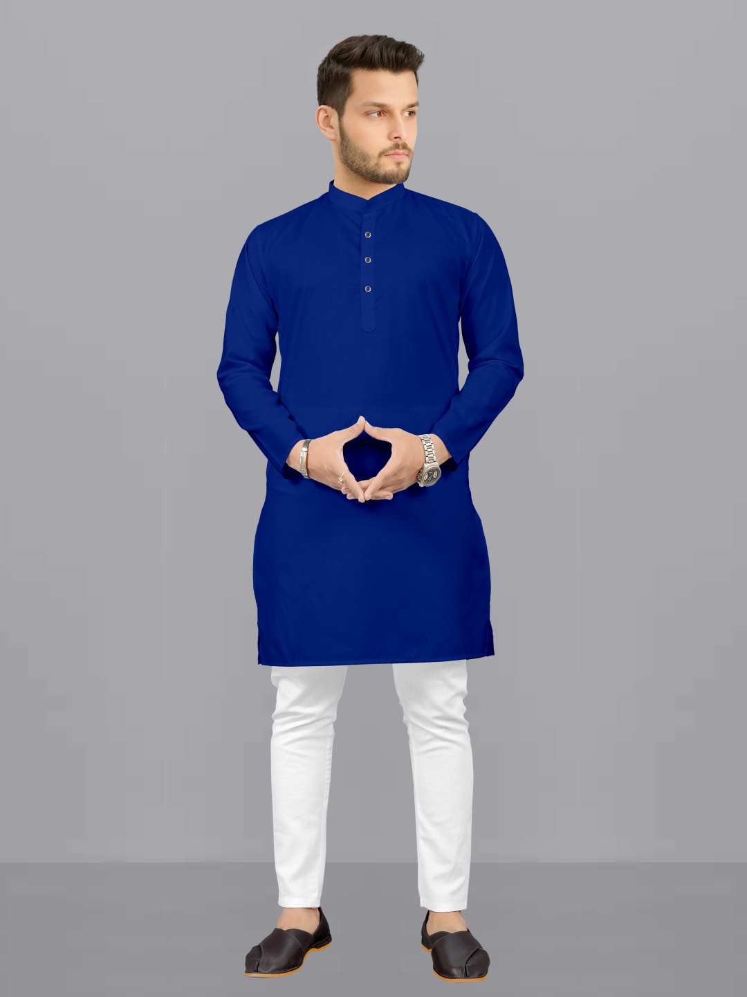 

Fashion FRICKS Mandarin Collar Straight Kurta With Pyjama, Blue