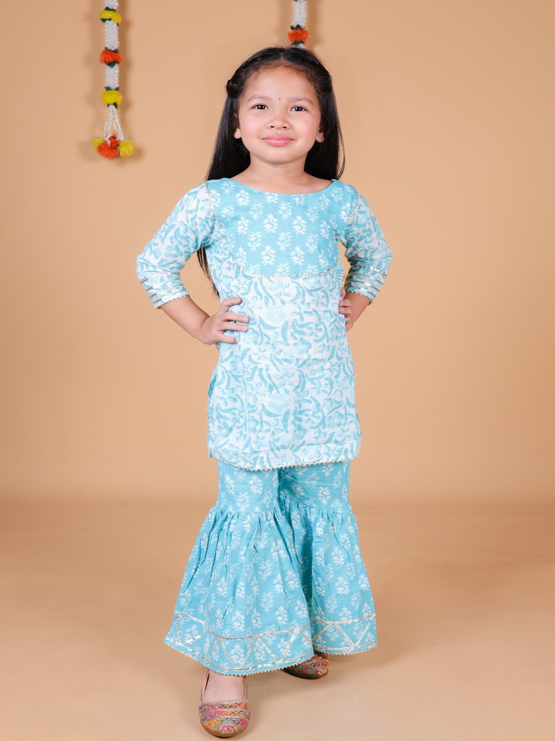 

AATYA KIIDS Girls Floral Printed Round Neck Gotta Patti Pure Cotton Kurta with Sharara, Blue