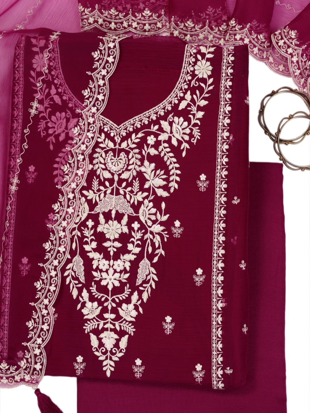 

KULEESH Floral Embroidered Sequinned Silk Chiffon Unstitched Dress Material, Maroon