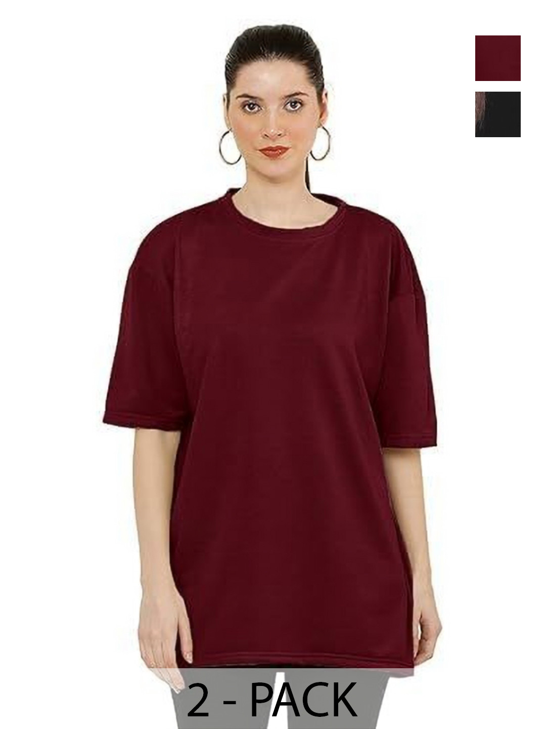 

NOTWILD Women Pack Of 2 Solid Cotton Relaxed Fit T-shirts, Maroon