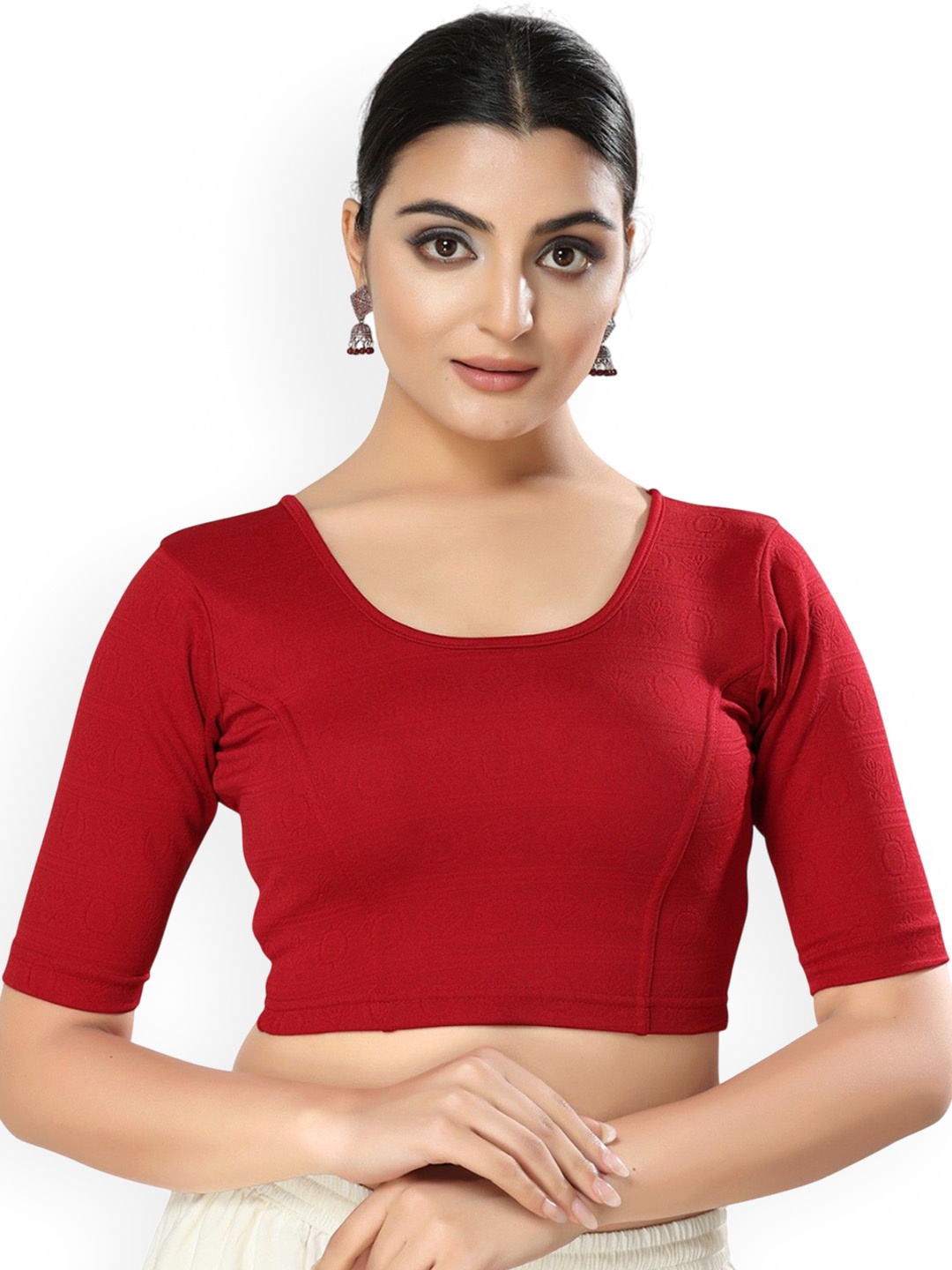 

Mmore Round Neck Stretchable Saree Blouse, Maroon