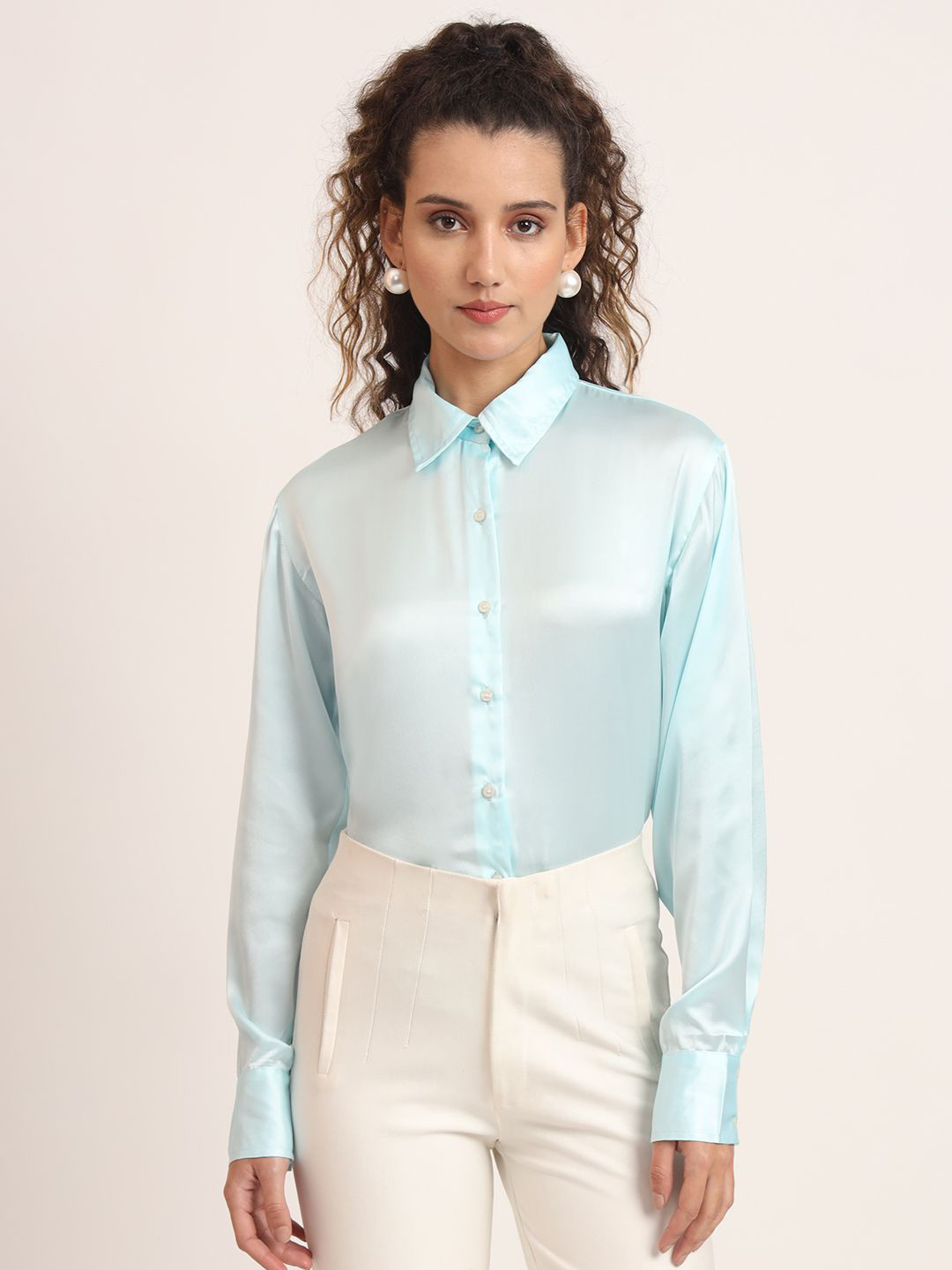 

AMSWAN Women Comfort Fit Spread Collar Solid Satin Casual Shirt, Blue