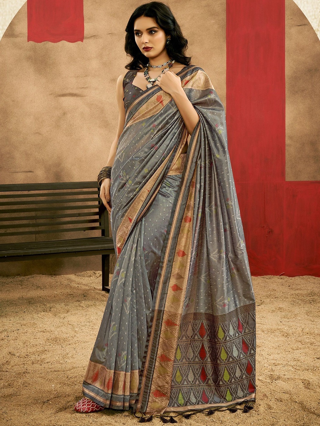 

MAHALASA Woven Design Zari Pure Silk Patola Saree, Grey