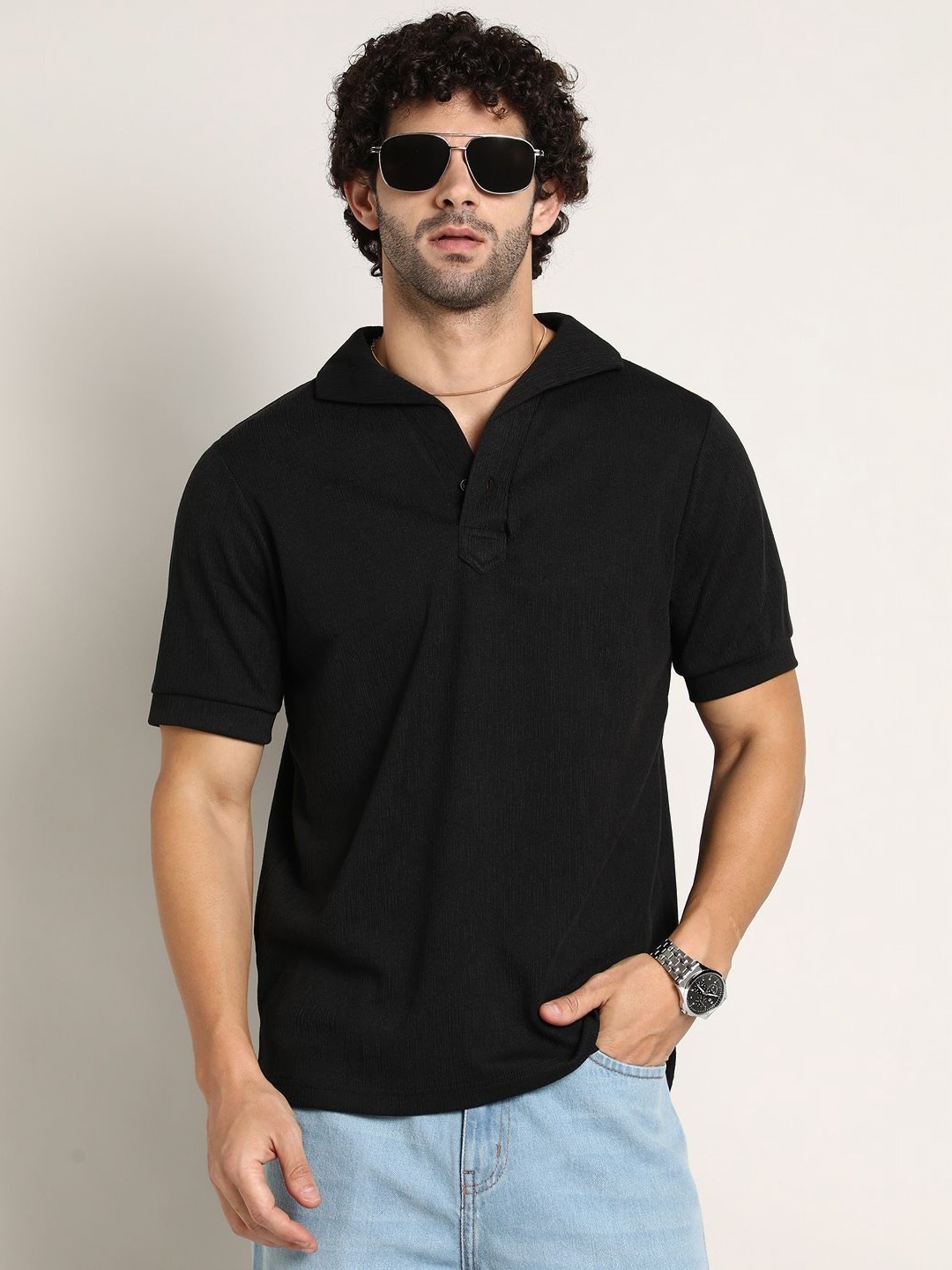 

Campus Sutra Men Solid Polo Collar Cotton T-shirt, Black